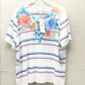 Alfred Dunner White Striped Tee with Blue and Coral Floral Yoke